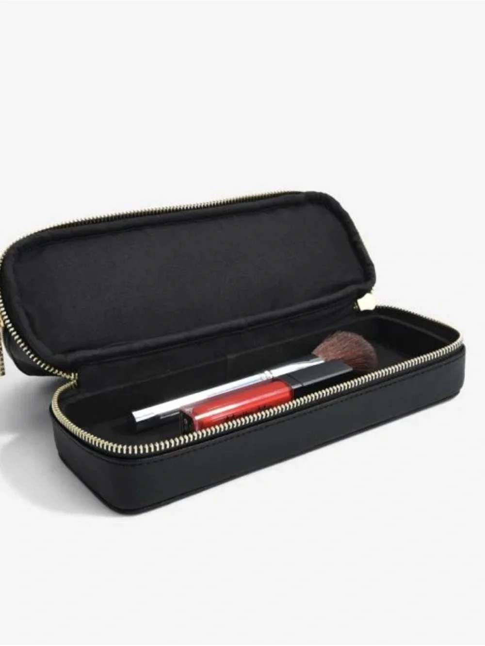 STACKERS Black Double-Zip Makeup Bag with Brush Storage travel case NWT pleather